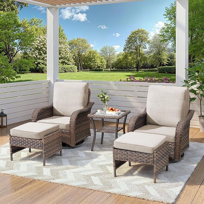 Patio Wicker Chairs Swivel Rocker Outdoor Rocking Chairs Set of 5 Rattan Furniture Set with Thick Cushion, Side Tables, Ottomans for Balcony Deck Backyard, Beige