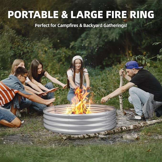 48 Inch Fire Pit Ring for Outside, 4FT Diameter Wood Burning Fire Ring, Large Round Galvanized Steel Fire Pit, Metal Outdoor Fireplace for Backyard, Patio, Camping, Bonfire (Silver)