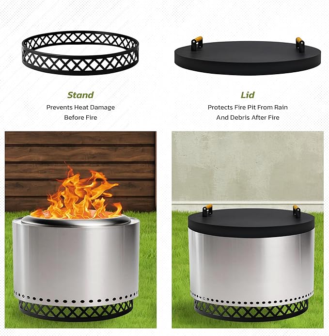 FEBTECH - Smokeless Fire Pit Accessories Combo – 23" Carbon Steel Base, 27.5" Lid with 2 Wooden Handles – Durable Smokeless Firepit Accessories for Camping, Patio, Backyard
