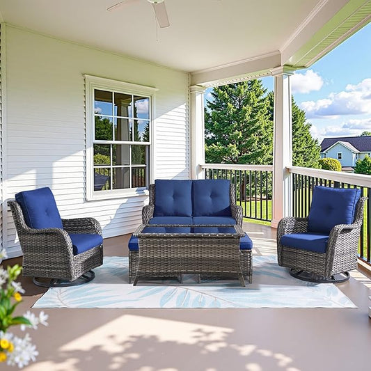 Belord Wicker Outdoor Furniture Patio Furniture Set - 6 Piece Patio Conversation Set with Swivel Rocker Chairs, Loveseat Sofa, Ottomans and Coffee Table, Blue Cushion