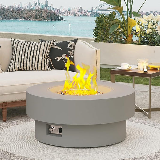 32.5 Inch Propane Fire Pit Table, 50,000 BTU Round Patio Fire Pit Table Outdoor, CSA Certified, Stainless Burner with Steel Lid, Waterproof Cover & Lava Rocks, for Backyard Garden, Gray