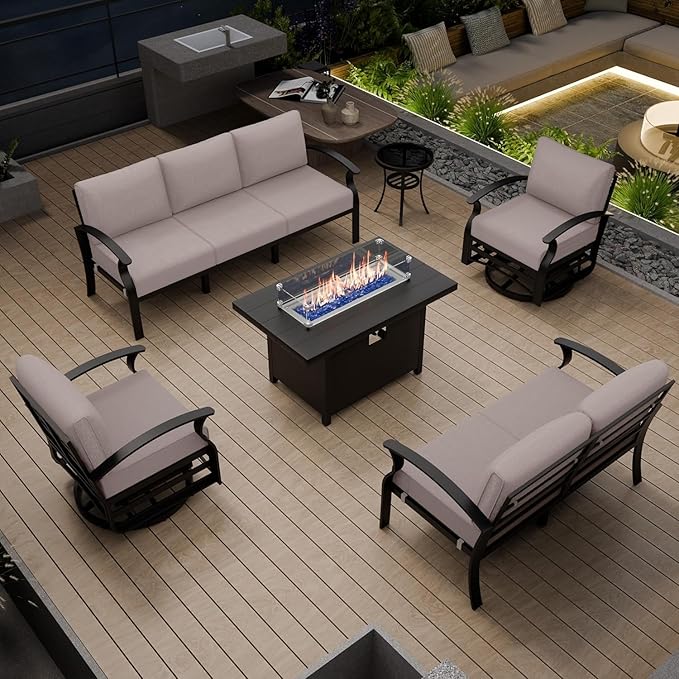 Aluminum Outdoor Furniture Set with Fire Pit Table, 7-Seat Patio Conversation Set Including Swivel Rocker Chairs & Sectional Sofas, All-Weather Metal Frame for Deck, Porch, Backyard,Sand