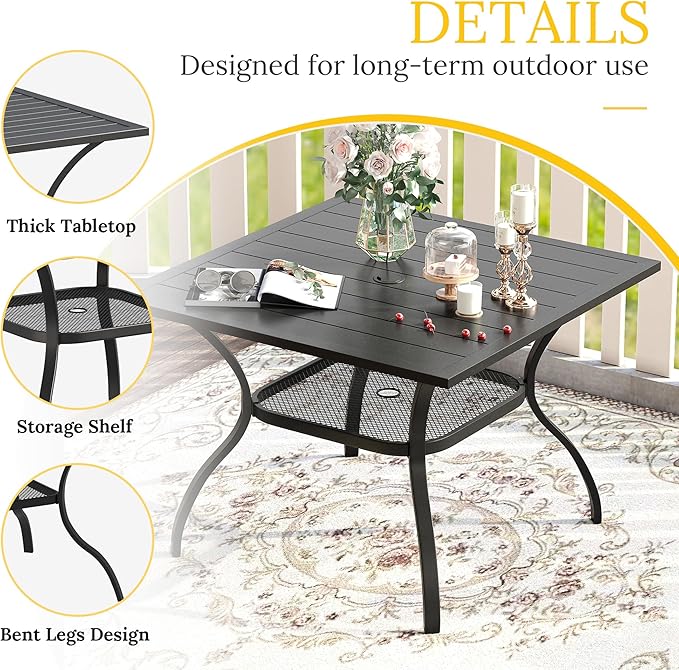 VICLLAX 37.8" Square Outdoor Patio Table, All Weather Metal Outdoor Dining Table for Lawn Garden, Black Tabletop