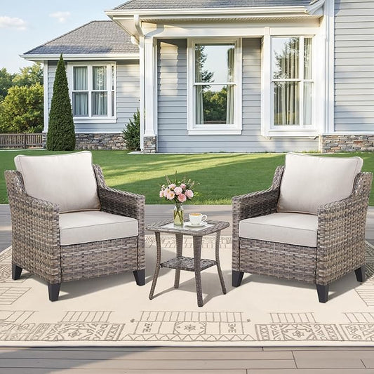 3 Pieces Patio Furniture Sets-Outdoor PE Rattan Wicker Chairs with Thickened Cushion and Glass Coffee Table,All Weather Patio Conversation Set for Garden Backyard Porch Deck Grey/Beige