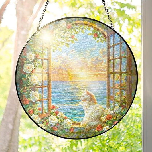 FLAGWIX Cat Gifts for Women - Stained Glass Window Hanging 10 in - Cat Lady Gifts for Women Mom Grandma Pet Lovers, Suncatchers for Windows Hanging Coastal Decor, Suncatcher Decorations for Home