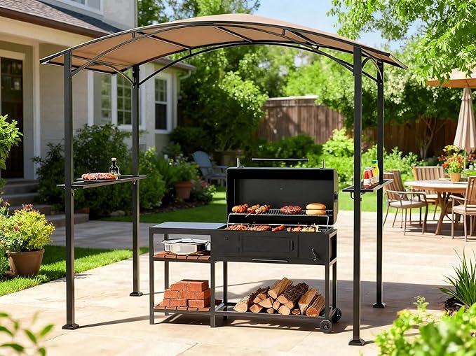 8x5 Metal Grill Gazebo - Outdoor BBQ Canopy Shelter with 2 Side Shelves for Patio Backyard Grilling and Barbecue Picnic,Brown