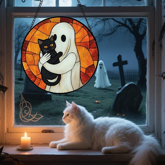 CRISGIF Stained Glass Window Hanging - Halloween Decorations White Ghost Black Cat Suncatcher for Doors Garden Spooky Funny Orange Sun Catchers Gothic Decor Horror Gifts for Women Men Friend 15 in