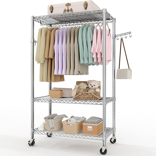 75" Clothes Rack with Wheels, 694LBS Load Heavy Duty Metal Garment Rack with 22 mm pipes, Freestanding Clothing Racks with Adjustable Storage Shelves Hanging Rod & Side Hooks for Hanging Clothes
