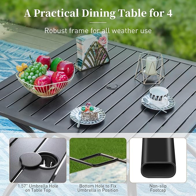 37" Patio Dining Table for 4, Square Patio Table with Umbrella Hole,E-Coating and Powder Coating Steel Frame Metal Outdoor Patio Table for Garden Backyard Lawn Yard