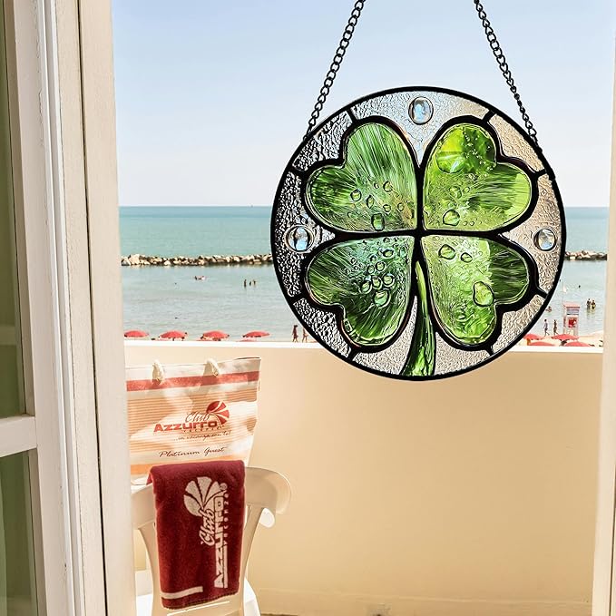 AMDERVEN Stained Glass Window Hanging - St. Patrick's Day Green Irish Themed Gifts Sun Catcher Door Home Clover Decor Suncatcher Christmas Mother's Day Birthday Gifts for Women Men Mom Nana 15 in