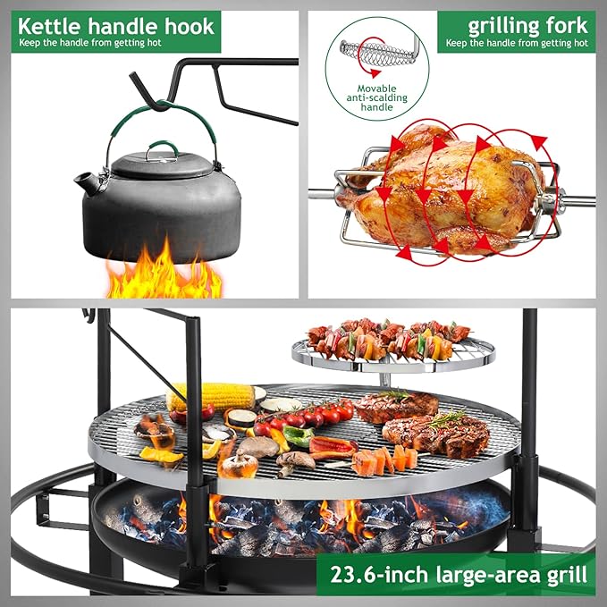 VINGLI 33 Inch Outdoor Fire Pit with 2 Grills, Wood Burning Firepit with Swivel Cooking Grate, Removable Swivel Grill for Backyard Patio Outside Picnic BBQ