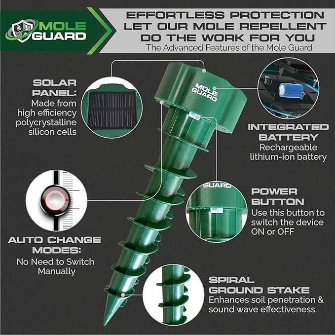 Mole Repellent Solar Powered Ultrasonic, Waterproof Solar Groundhog Repeller Snake & Gopher Deterrent, Spike to Get Rid of Burrowing Rodents, Vole Repellent, Pest Control for Lawn & Garden 4 Pack