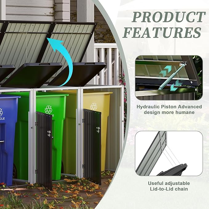 Outdoor Storage Shed Metal Trash Can Storage,120 Cu.Ft Garbage Can Storage Shed W/Lid Chain,Door Bolt & Pneumatic Spring Support Rods,for 3 Trash Bins,Bike,Garden Tools,Dark Gray