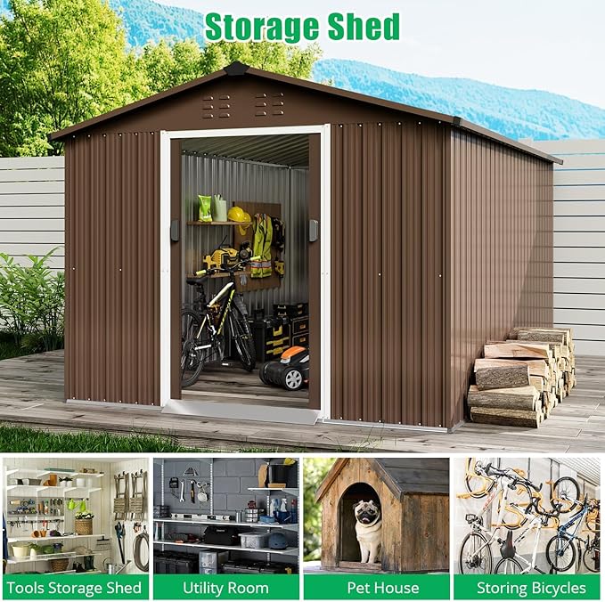 8X15 FT Metal Outdoor Storage Shed, Large Galvanized Steel Garden Tool Shed with Lockable Double Doors & Ventilation - Weatherproof Shelter for Bicycles, Lawn Mowers, Tools in Backyard