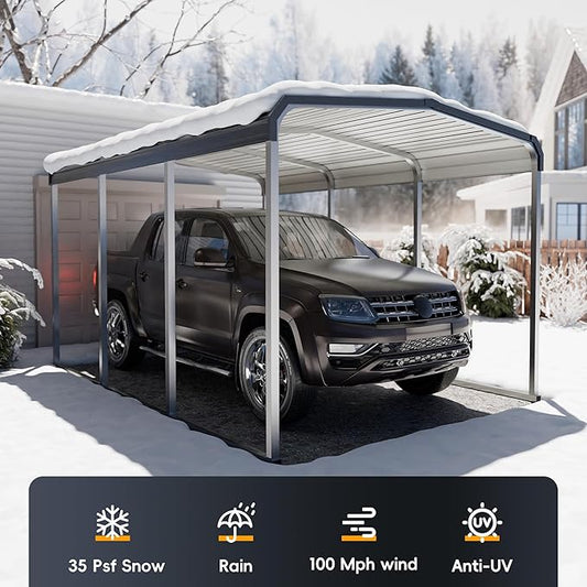 Heavy Duty Metal Carport Kits with Galvanized Steel Roof and Frame, Outdoor Carport Canopy Enhanced Base, Extra Large Car Tent Garage Shelter for Car, SUV, Truck and Boats (10x15 FT, Gray)