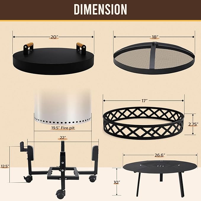 FEBTECH Spark Screen, Heat Deflector, Firepit Lid, Trolley Stand and Base Ring Combo - Compatible with Solostove Bonfire and Other 19.5" Fire Pit - 5 in 1 Firepit Accessories for Patio, Bonfire, Deck