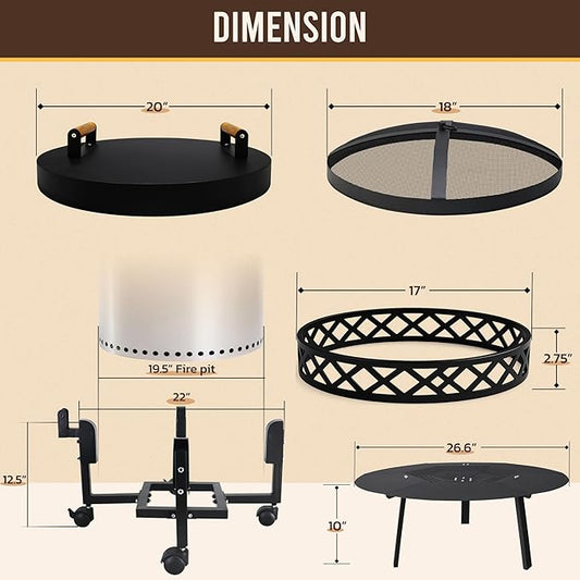 FEBTECH Spark Screen, Heat Deflector, Firepit Lid, Trolley Stand and Base Ring Combo - Compatible with Solostove Bonfire and Other 19.5" Fire Pit - 5 in 1 Firepit Accessories for Patio, Bonfire, Deck