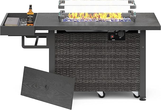 Sundale Outdoor 52 Inch Outdoor Fire Pit Table, 50,000 BTU Propane Fire Pits with Storage Shelf, Glass Wind Guard and Lid, Wicker Patio Gas Fire Pit for Outside Patio and Garden, CSA-Listed(Grey)