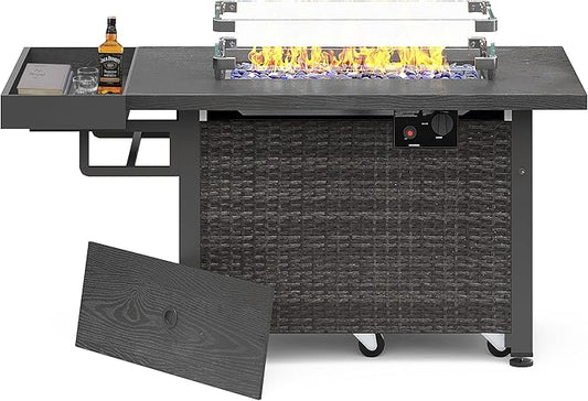 Sundale Outdoor 52 Inch Outdoor Fire Pit Table, 50,000 BTU Propane Fire Pits with Storage Shelf, Glass Wind Guard and Lid, Wicker Patio Gas Fire Pit for Outside Patio and Garden, CSA-Listed(Grey)