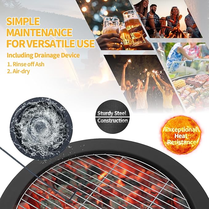 52 Inch Fire Pits for Outside Wood Burning with Rotating Table, Multifunctional Fire Pit with Grill Grate, Poker & Waterproof Cover, Portable Outdoor Bonfire Pit for Camping, Patio, Backyard