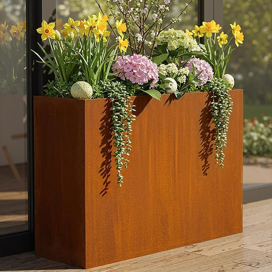 Modern Metal Planter Box 36" L x 9" W x 26" H – Rectangular Cor-Ten Steel Raised Garden Bed with Drainage Holes & Removable Shelf – Outdoor & Indoor Flower Planter for Patio, Yard & Porch
