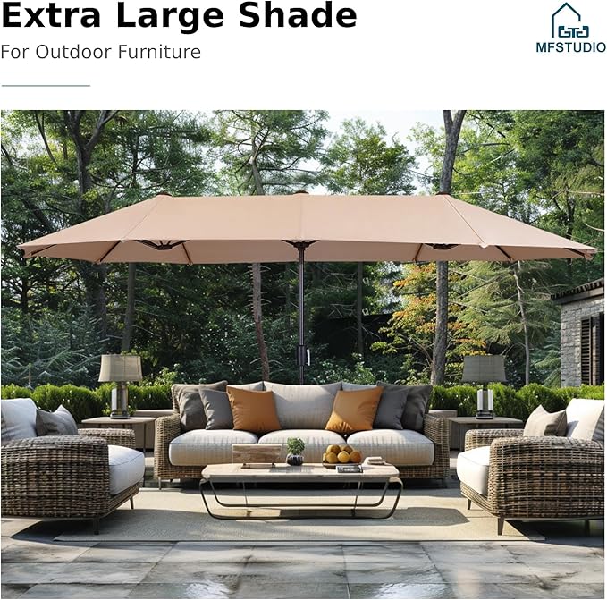 MFSTUDIO Heavy Duty Patio Set with Umbrella, 59'' Metal Rectangular Table & Swivel Chairs & 13ft Umbrella, 7 Pieces Outdoor Dining Furniture with Umbrella, Beige