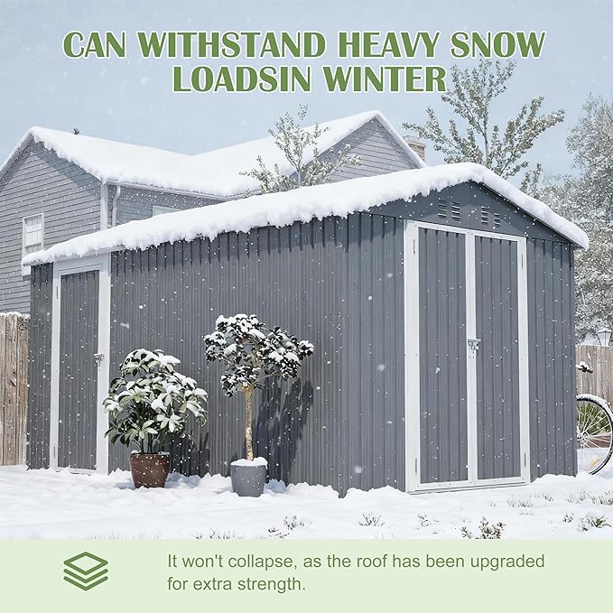 8x12 FT Metal Outdoor Storage Shed,Garden Shed W/ 2 Reversible Lockable Doors & Updated Frame Structure,Outdoor Backyard Tool House W/ 4 Air Vents & Sloped Roof,for Patio,Lawn,Grey