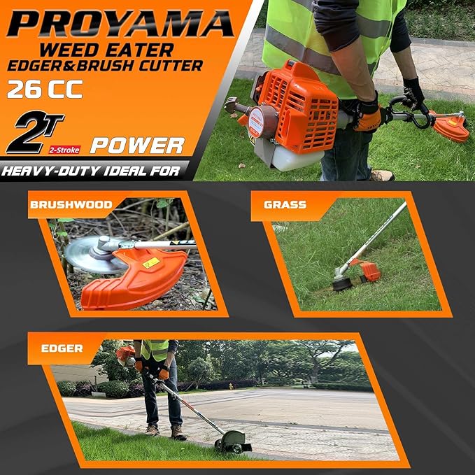 PROYAMA 26cc Weed Eater/Wacker Gas Powered, 2-Cycle Gas String Trimmer/Edger, 3 in 1 Brush Cutter with 17’’ Cutting Path, Grass Trimmer Light Weight