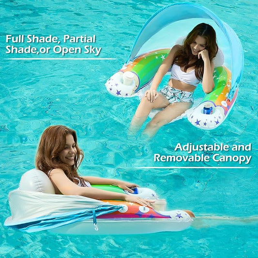 Jasonwell Pool Float with Canopy - Inflatable Pool Floaties Adult Floating Pool Chair Lounge Floats for Swimming Pool Water Chair Pool Lounger with Cup Holders Pool Toy Party Floaty for Adults