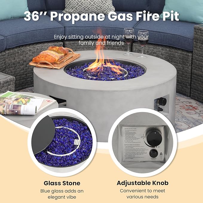SUNSITT Outdoor 36’’ Propane Fire Pit Table 50,000 BTU Round Patio Propane Firepit Table, Pit Cover, Metal Lid & Fire Glass, Grey Finish