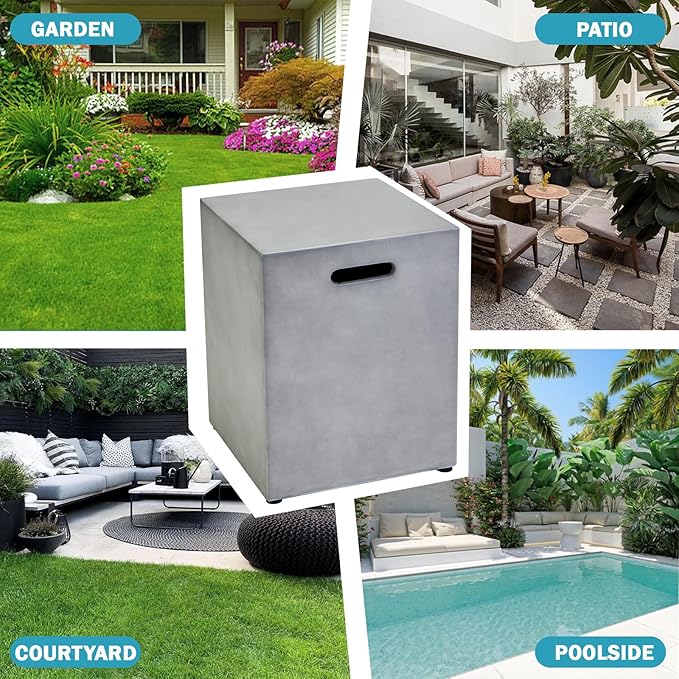 Propane Tank Cover Table, 20 LB Propane Tank Storage Box, Modern Outdoor Gas Tank Covers Hideaway Table for Propane Fire Pit and Gas, Square Tank Holder with Handles (Gray) 16'' X 20''