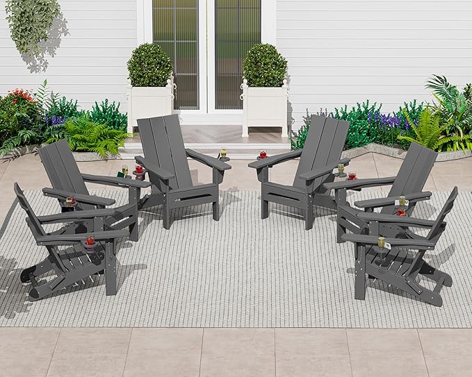 SERWALL Outdoor HDPE Modern Adirondack Chair，Folding Adirondack Chair with Cup Holders, All Weather Resistant Fire Pit Chair, Gray