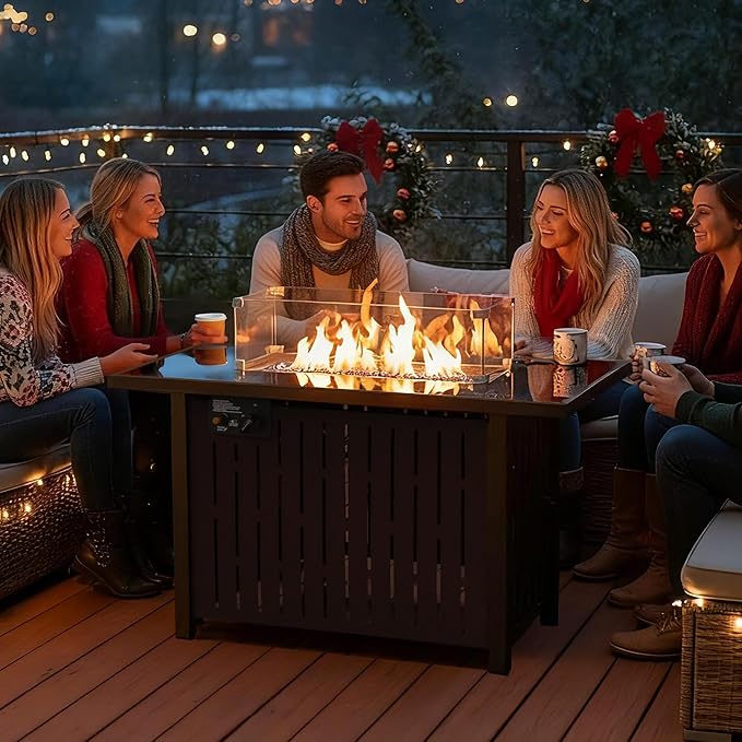 43 Inch Outdoor Propane Fire Pit Table 50,000 BTU, Rectangle Gas Fire Pit with Glass Wind Guard & Tempered Glass Top for Outside Patio & Backyard, Includes Rain Cover & Glass Beads