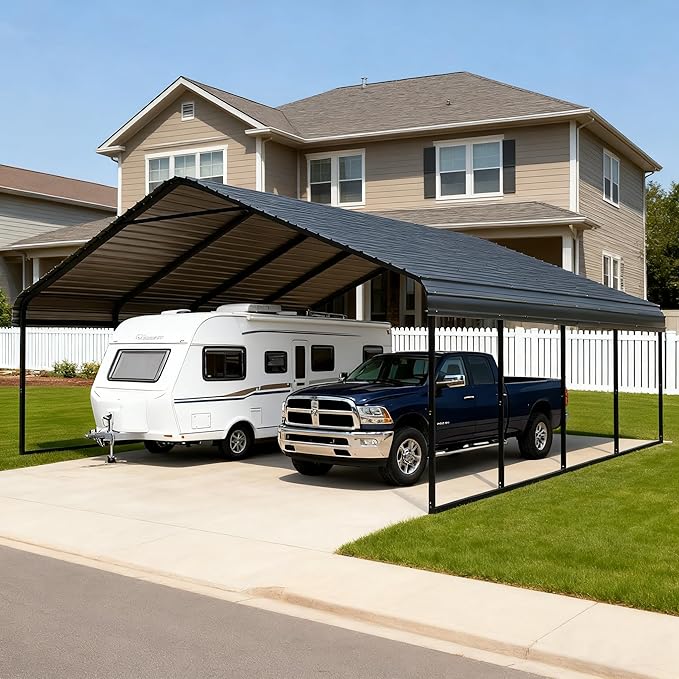 Heavy Duty Metal Carport 20x20 FT Galvanized Steel Carport Shelter for 2 Car Extra Large Canopy for Dual Vehicle, RV Boat Storage All Weather Protection Garage Party Tent (20x20 FT)
