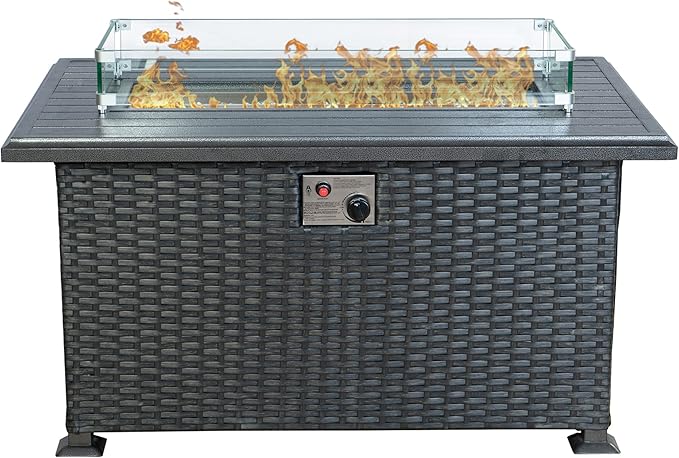 Kozyard Outdoor Patio Propane Gas Fire Pit Table - 50,000 BTU Wicker Design with Aluminum Tabletop, Glass Wind Guard, Clear Glass Rocks, and Slide Out Tank Holder - Ideal Patio Fire Table (Gray)