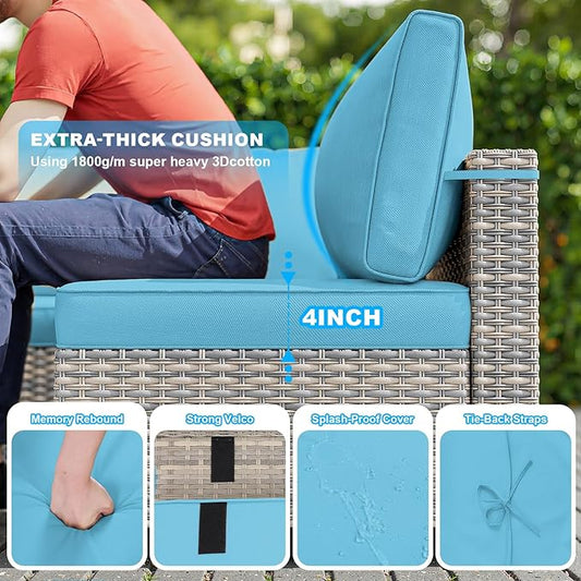 15-Piece Patio Furniture Set, Outdoor Patio Furniture with 55,000 BTU Fire Pit Table, Thick Cushions, Modular Patio Sofa, Dual-Strand Wicker Rattan, Rust-Resistant Frame, Lake Blue