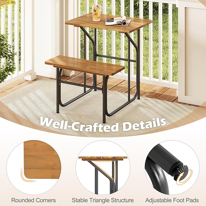 Tangkula Patio Dining Bench Set, Heavy-Duty Outdoor Acacia Wood Dining Furniture with Metal Legs for Balcony, Backyard, Poolside, Garden (1,32” x 27.5” x 29.5”)