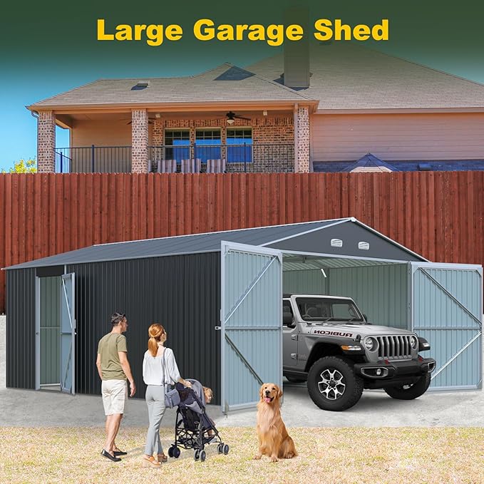 Metal Garage Shed 13x20 FT, Sheds & Outdoor Storage Clearance, Outdoor Storage Shed for Car, Truck, Bike, Lawnmower, Backyard Tool House Building 2 Doors and 4 Vents Dark Gray