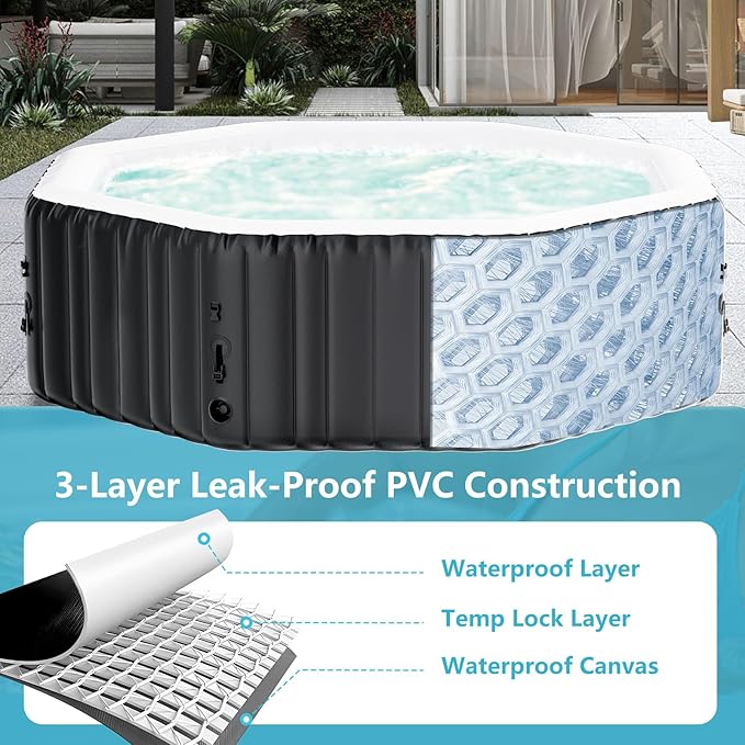 4-6 Person Inflatable Hot Tub, Large Polygon Portable Blow Up Hot Tub, 77” X 25”Leak-Proof PVC Outdoor Spa with 130 Air Jets, Insulated Cover