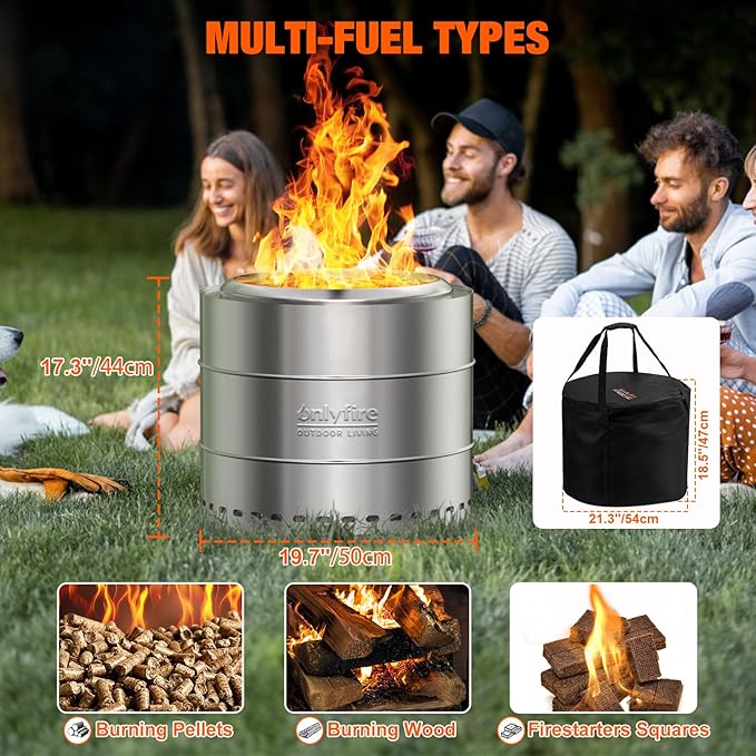 ONLYFIRE OUTDOOR LIVING Wood Burning Fire Pit with Carrying Bag, 19.5” Portable Firepit for Camping Tailgating Patio Backyard Bonfire, Smokeless Fireplace, Stainless Steel FP048