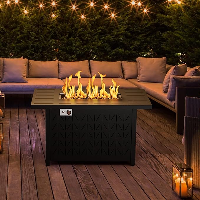 43'' Propane Fire Pit Table, 2 in 1 Rectangular Outdoor Fireplace, Outside Patio Deck and Garden, Gas Fire Pit Table with Lid and Stone, 50,000 BTU Adjustable Flame