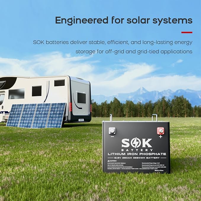 SOK Battery 280Ah 12V 2-Pack LiFePO4 Lithium Iron Phosphate Deep Cycle Battery, perfect for your RV or any off-grid application, low temperature disconnect, built-in heater.