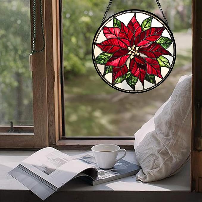CRISGIF Stained Glass Window Hanging - Red Poinsettia Birth Flower Suncatcher for Door Garden Yard Sun Catchers Decor Christmas Mother's Day Birthday Gifts for Women Mom Nana Friend Men 9.8 in