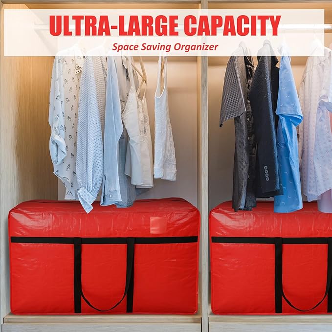 Windyun 4 Pack 98 Gallon Extra Large Storage Bags XXL Moving Bags with Zipper Handles Heavy Duty Jumbo Big Tote Box for Christmas Tree Storage 4, 5, 7.5, 9, 10, 12 ft Skeleton College Dorm(Red)