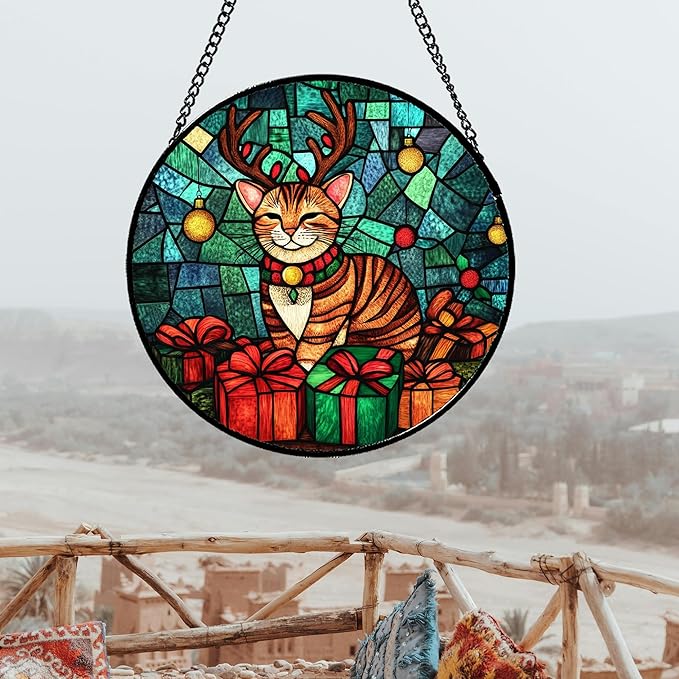 CRISGIF Stained Glass Window Hanging Cat with Elk Antlers 6.3" - Suncatcher Door Garden Sun Catcher Home Decor Birthday Christmas for Lost Pets Mom Men Woman Nana