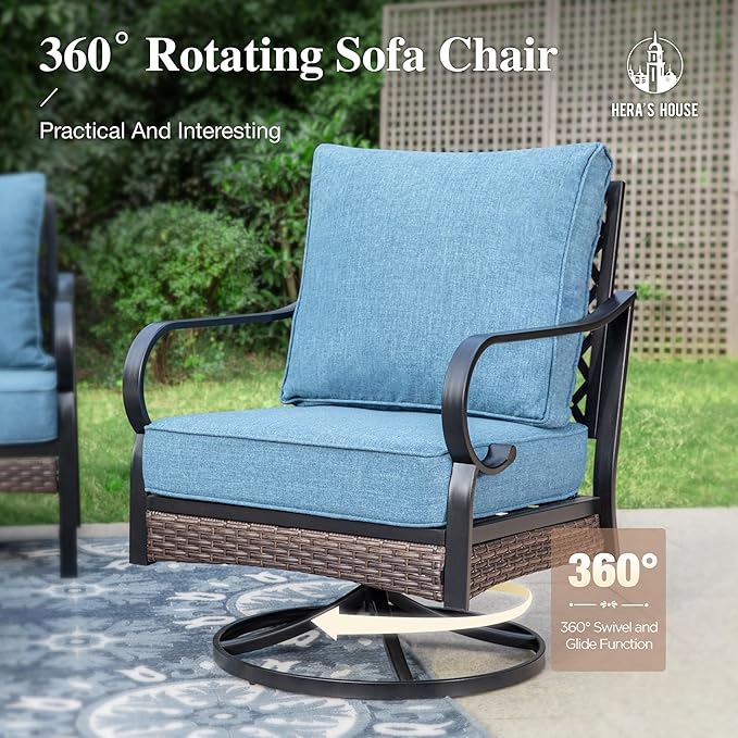 HERA'S HOUSE 6 Piece Metal Patio Furniture Set with 56" Fire Pit Table, All Weather Outdoor Conversation Set 7 Seats, 3 Seat Sofa, 2 Swivel Chairs, 2 Fixed Chairs for Backyard Garden Deck, Navy Blue
