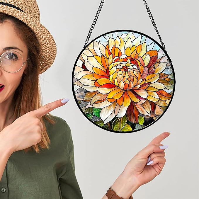 CRISGIF Stained Glass Window Hanging - Chrysanthemum Suncatcher for Doors Garden Patio Birth Flowers Sun Catchers Decor Christmas Mother's Day Birthday Gifts for Women Men Mom Nana Friend 6.3 in