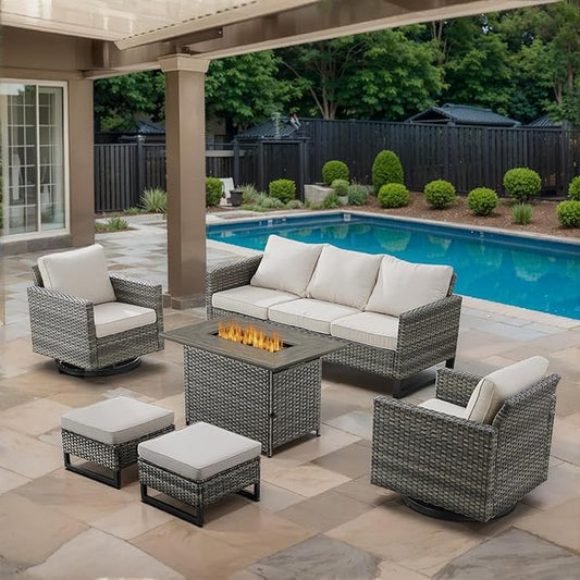 6 Piece Wicker Patio Furniture with Fire Pit Table - Outdoor Conversation Set with 50,000 BTU Fire Pit, All Weather Rattan Patio Set for Deck Backyard Garden - Grey Wicker Beige Cushion