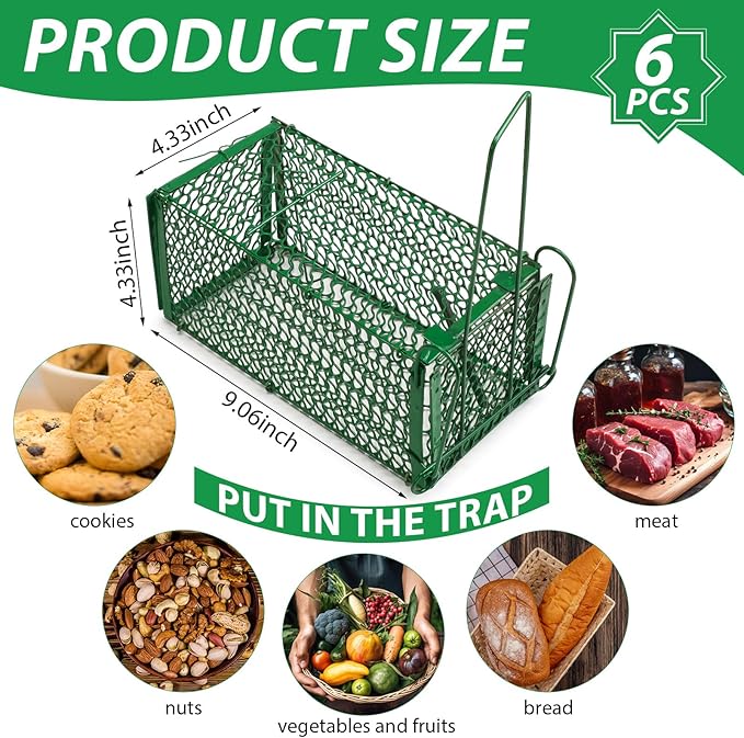 Qualirey 6 Pcs Humane Rat Trap Chipmunk Squirrel Cage Trap Foldable Rodent for Small Live Animal Voles Hamsters Catch and Release for Kitchen Yard Garage Indoors Outdoors (Green)