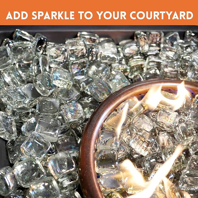 GasSaf Crystal Ice Fire Glass Cubes for Outdoor Fire Pit, Fireplace, Replaces Existing Gas Logs & Lava Rocks, 1 Inch Glass(10 Pound)(Crystal Ice Luster)